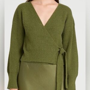 WAYF Olive Green Wrap Sweater Tie Waist Ribbed Knit XS